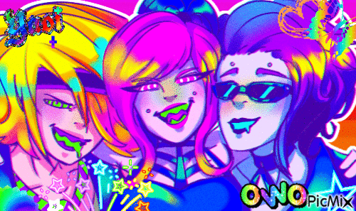 PicMix GIF art of Brat, Neomi, and Venus, a band OC group with a scene, rock and visual kei aesthetic.