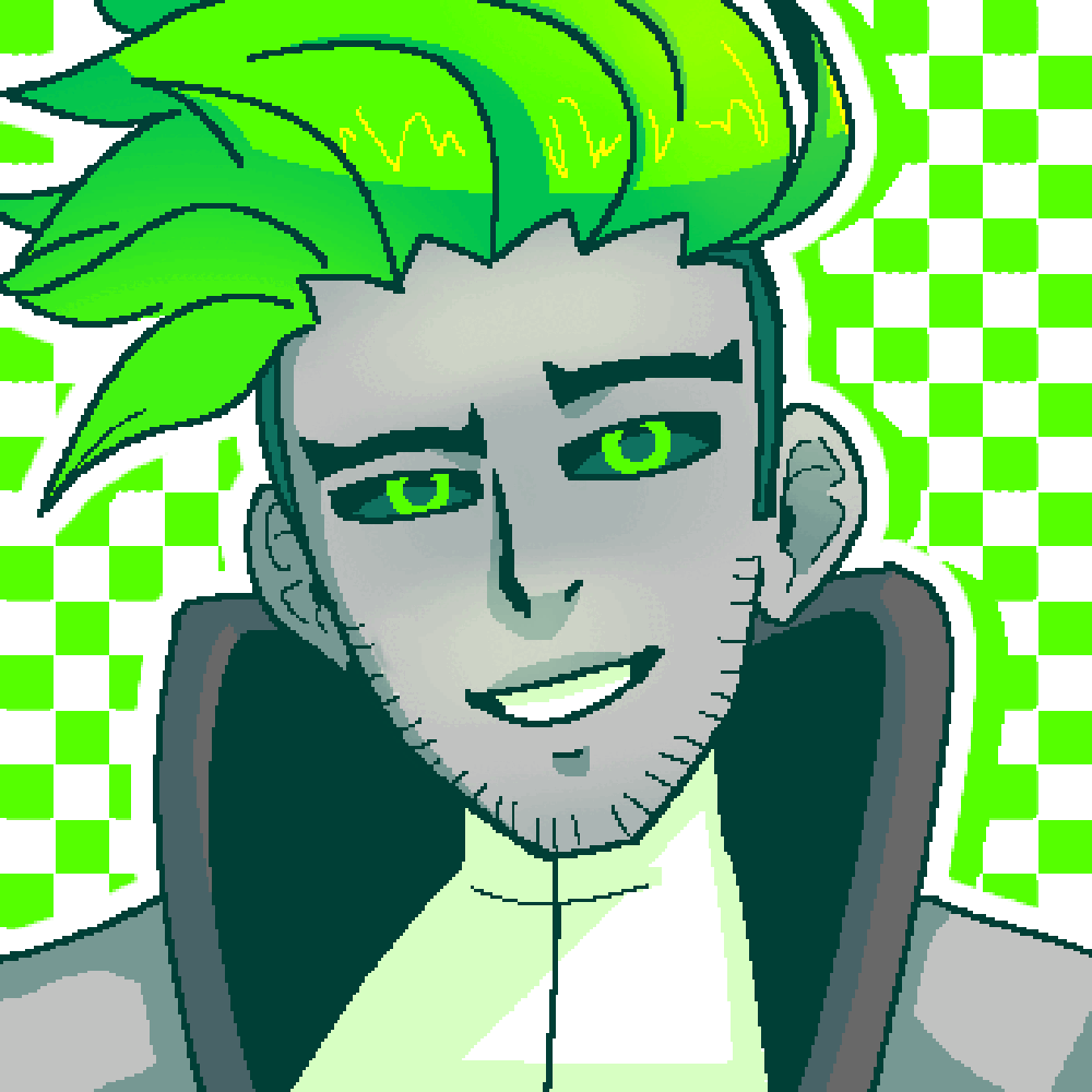 Pixel art of Dyson, a cyborg OC.