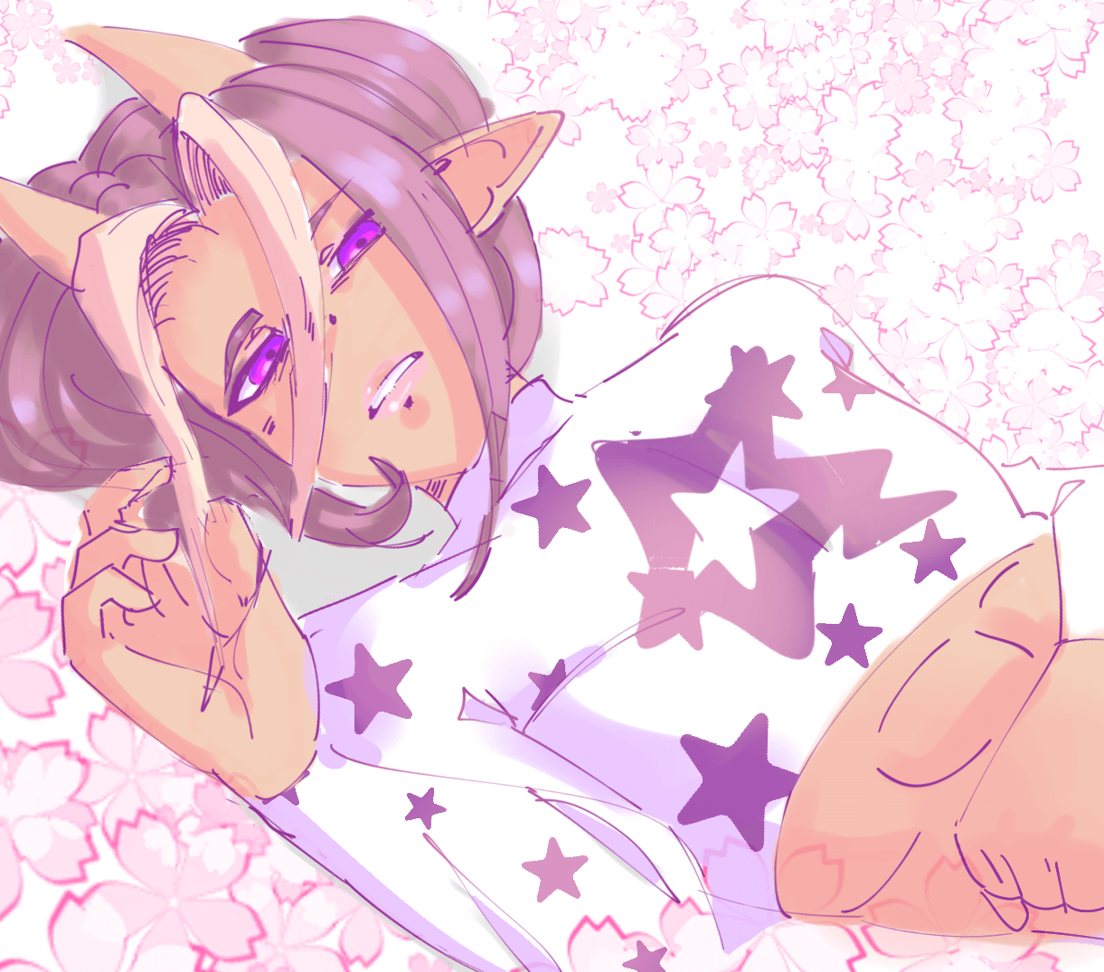 Art of Enzo, a Y2k McBling OC, laying on pink flowers.