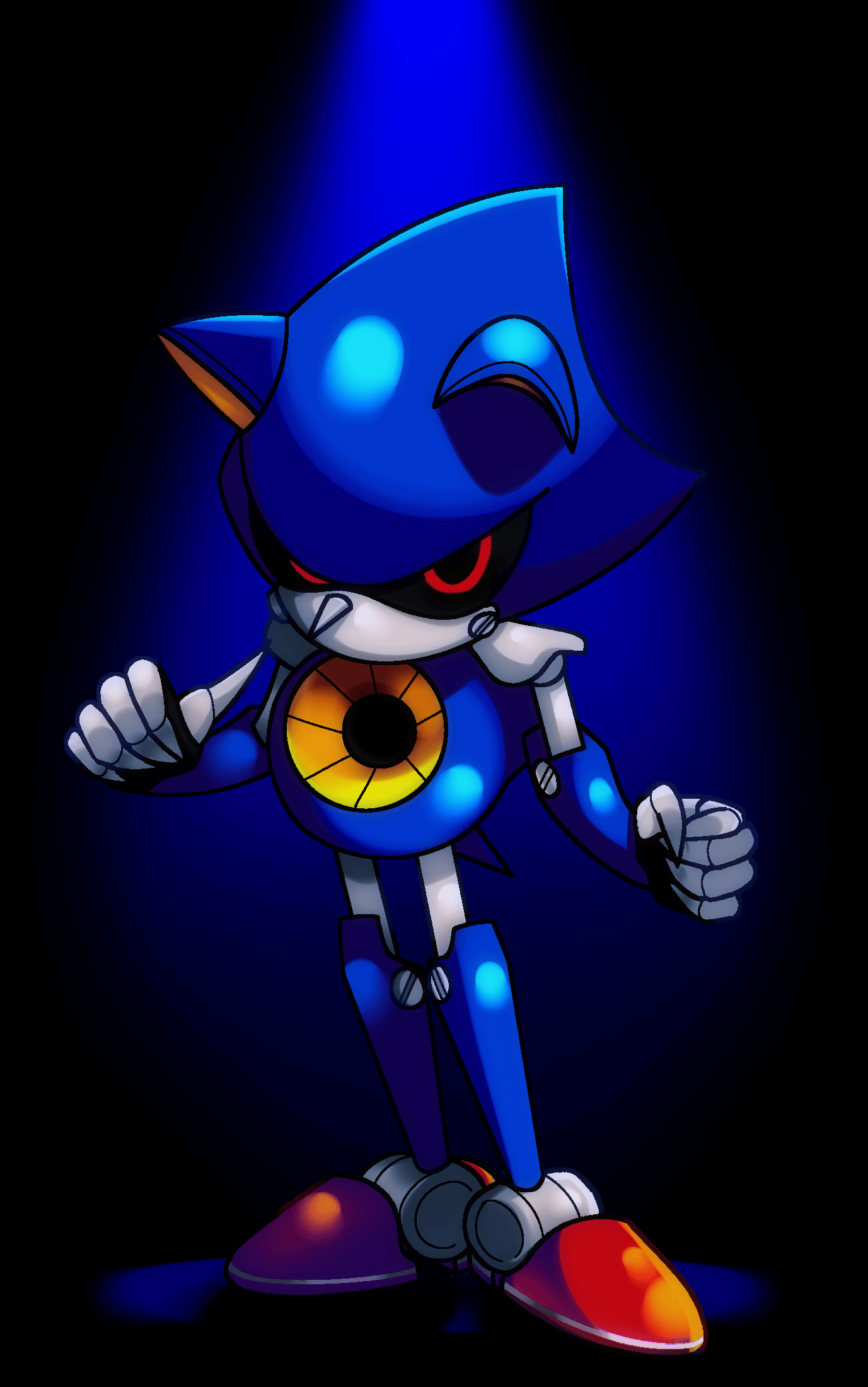 Fan art of Metal Sonic, but with a blue background.