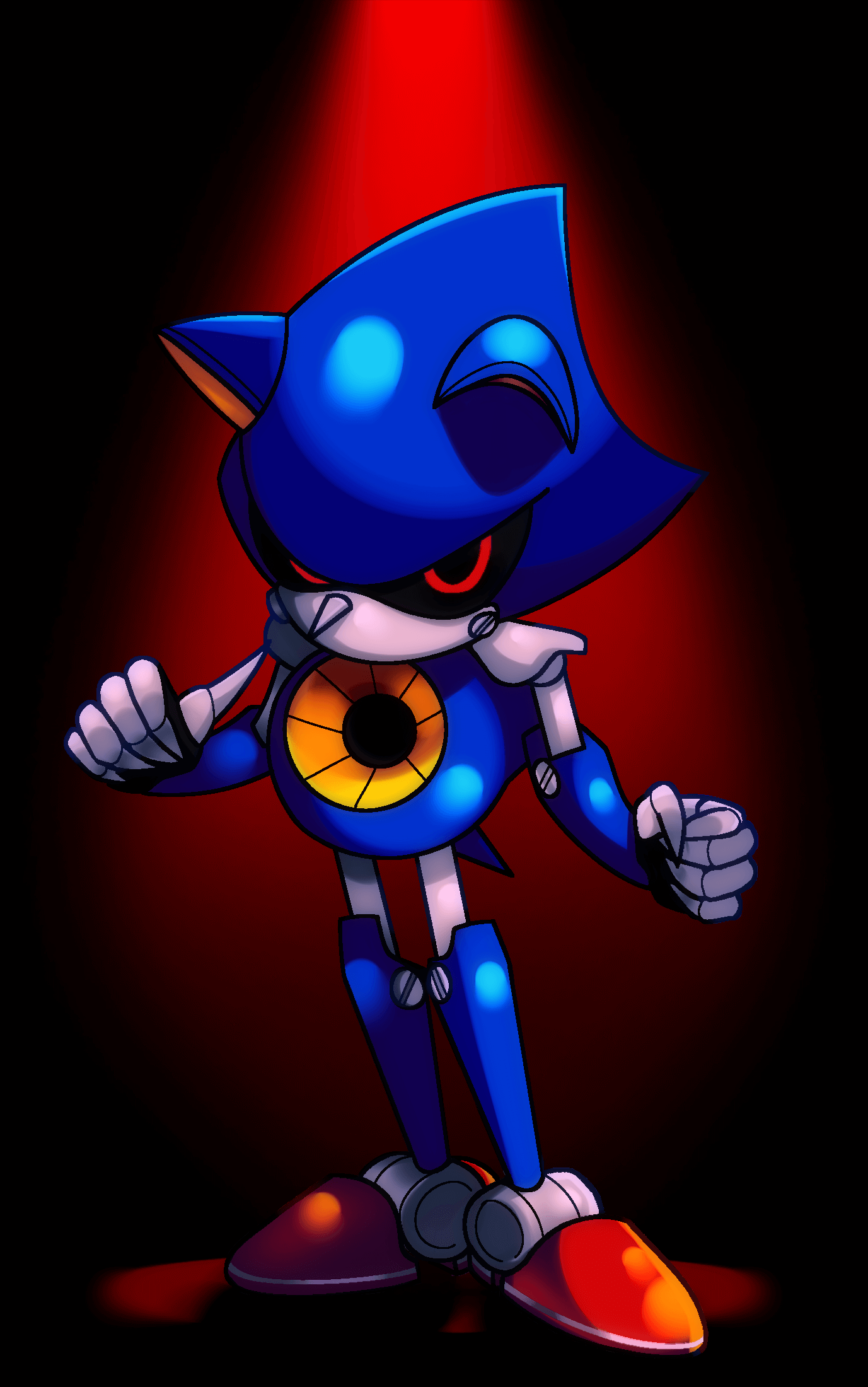 Fan art of Metal Sonic, but with a red background.