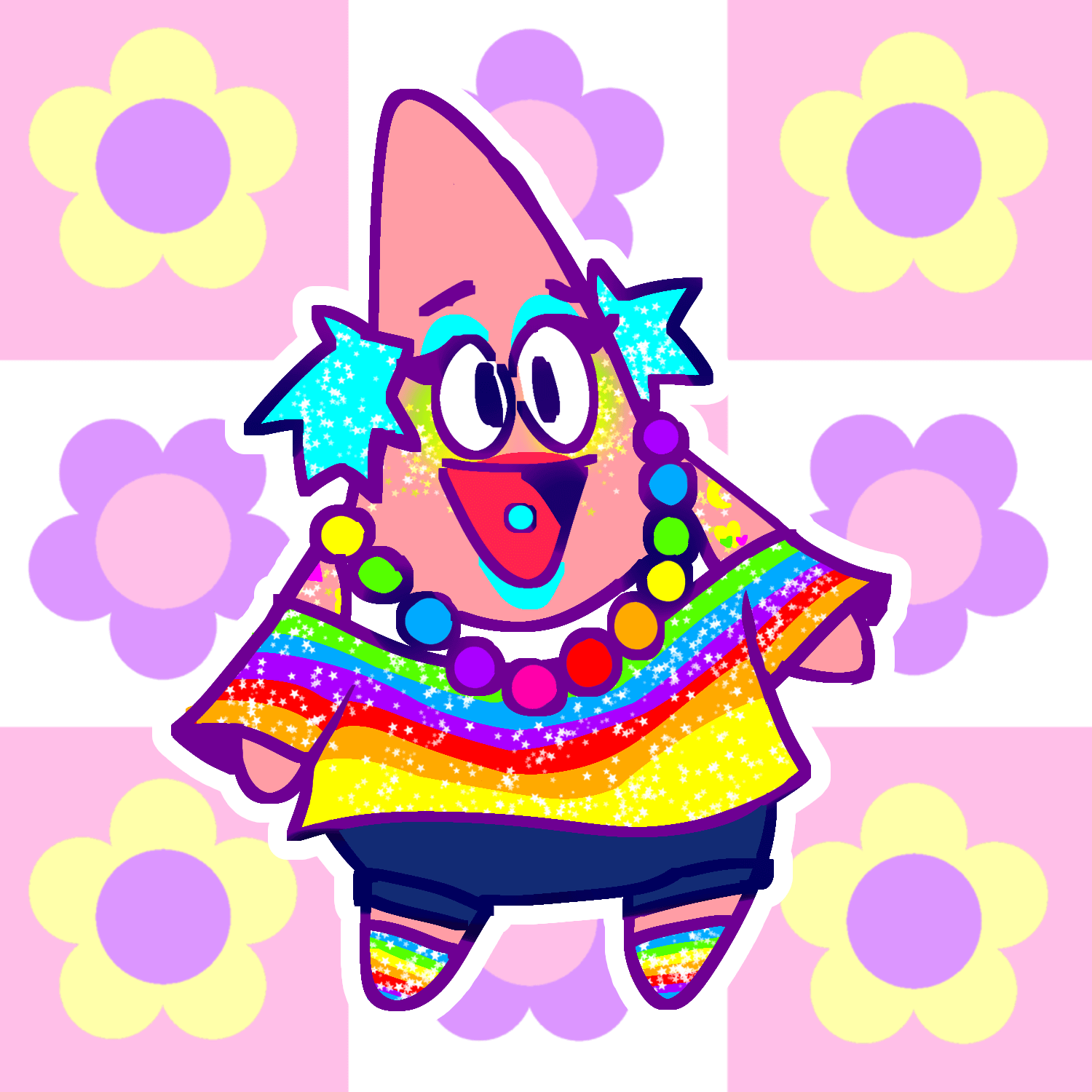 Joke art of Patrick Star wearing a Decora outfit.
