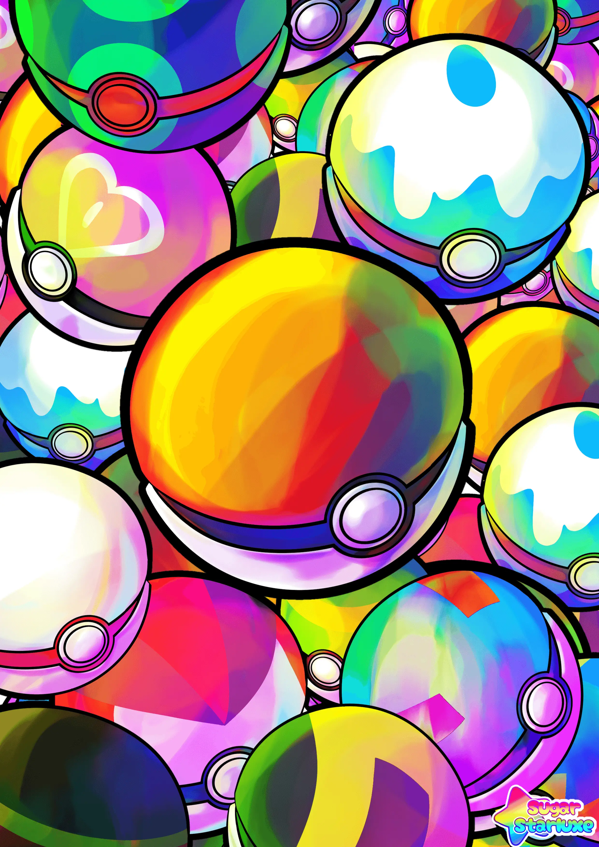 An art poster of a collection of Pokeballs from Pokemon, including Great Ball, Ultra Ball, Love Ball, Premier Ball, Dive Ball, Dusk Ball, and Friend Ball.