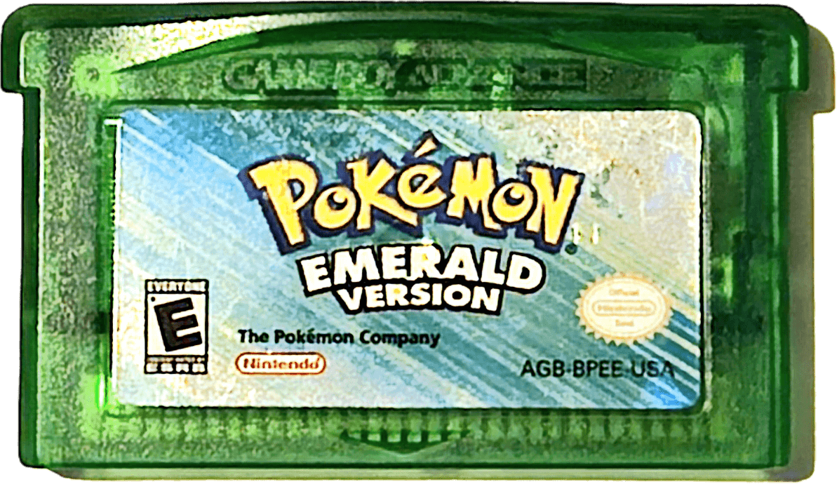 A picture of the Pokemon Emerald game cartridge.