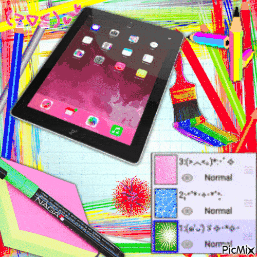 A PicMix of art supplies, including a tablet.